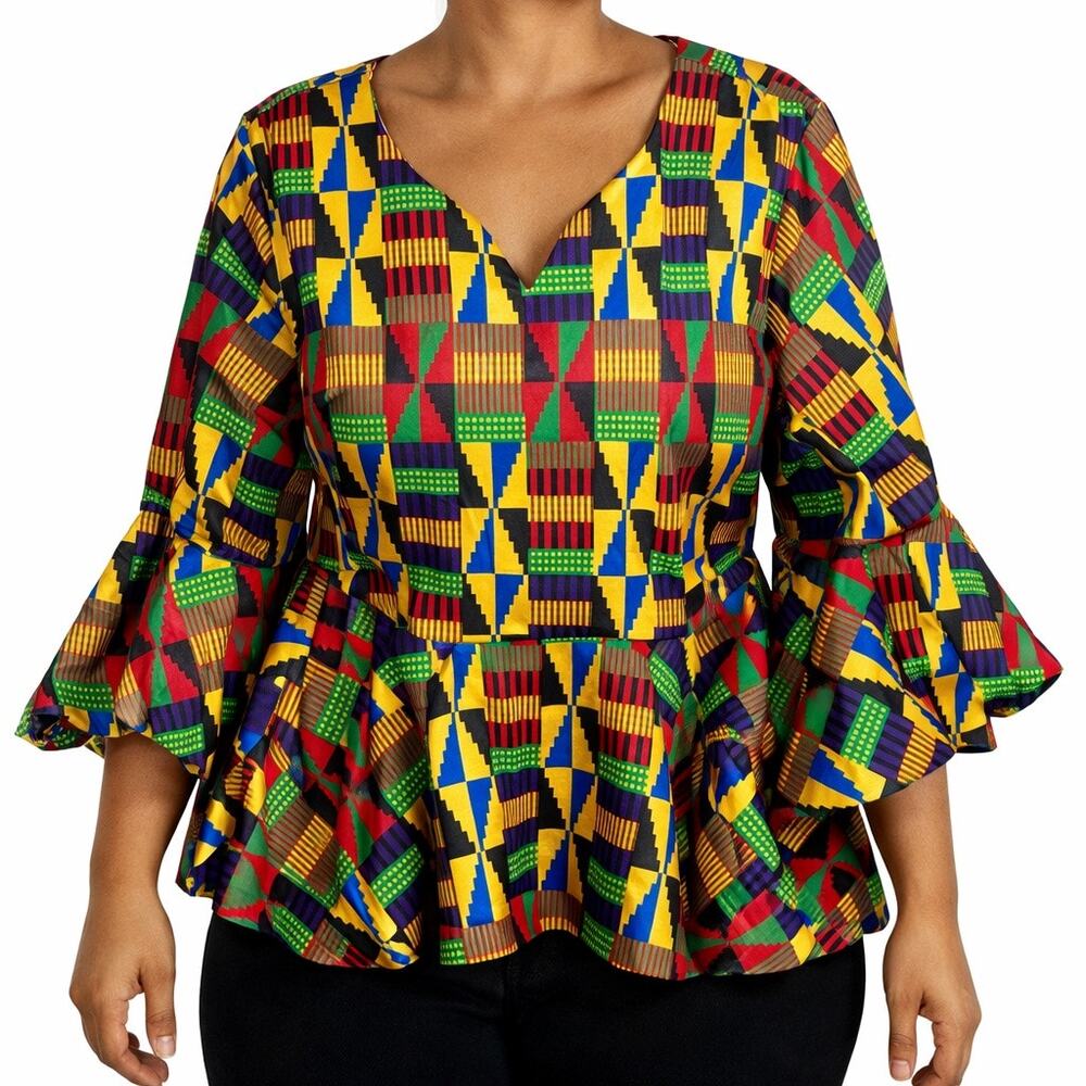 ASHRO Plus Size 2X African Inspired Ankara Print Wearable Art Blouse Shirt Top